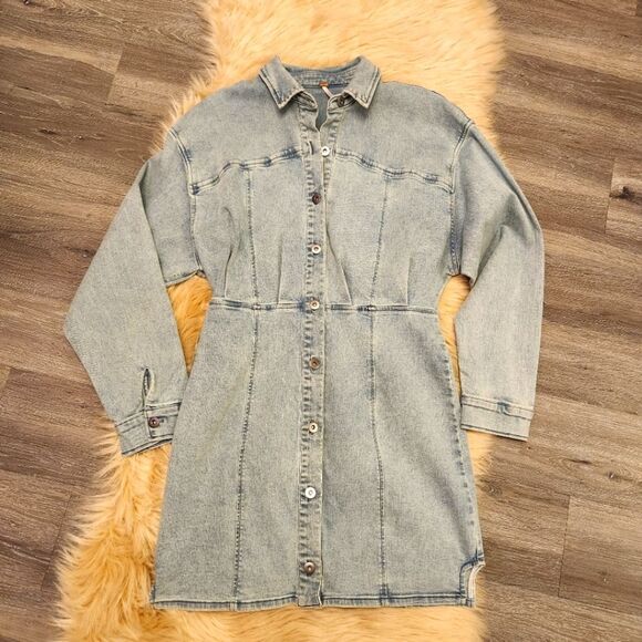 Free People Amber Denim Mini Dress in Powder Blue Women's Size 14 NWT - Picture 1 of 13